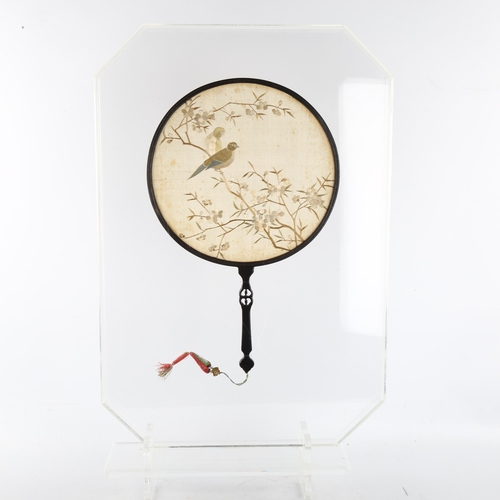 314 - A 19th century Pien Mien Chinese fan, embroidered in silk on both faces, with lacquer mount and silk... 