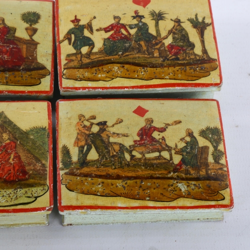 315 - 4 x 18th century lacquer gaming boxes, polychrome transfer decorated lids in Vernis Martin style, le... 