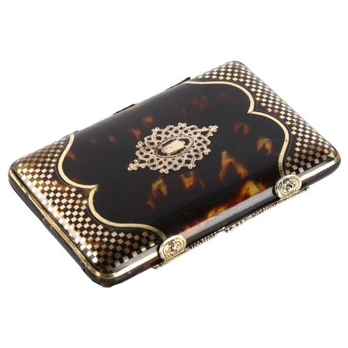 318 - A French 19th century tortoiseshell and gold inlaid etui/card case, with engraved silver hinge and c... 