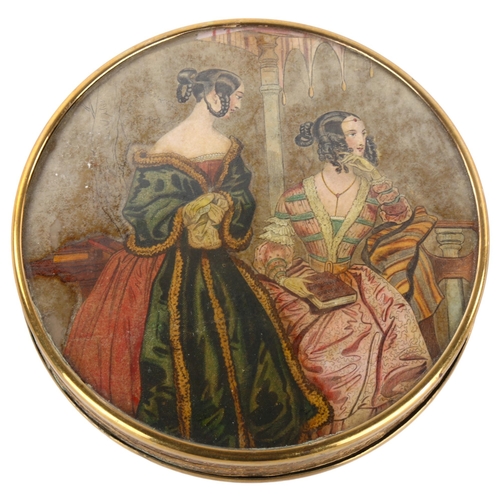 320 - A large French box circa 1840, with polychrome printed lid depicting 2 ladies in contemporary dress,... 