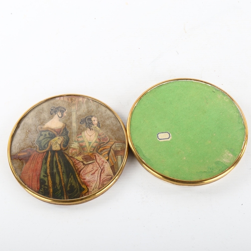 320 - A large French box circa 1840, with polychrome printed lid depicting 2 ladies in contemporary dress,... 