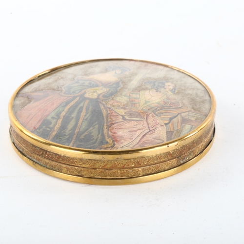 320 - A large French box circa 1840, with polychrome printed lid depicting 2 ladies in contemporary dress,... 