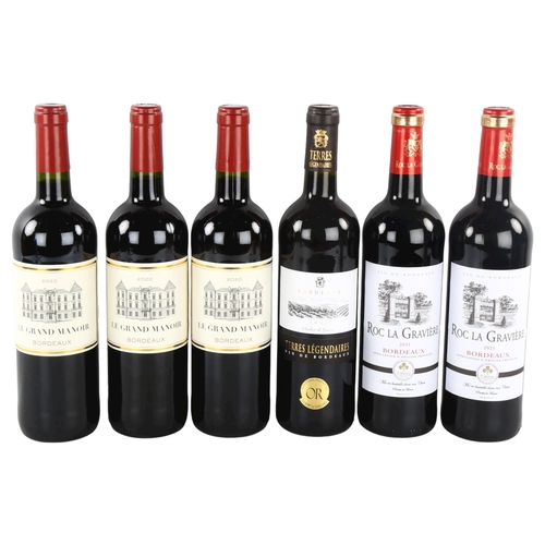 326 - 6 bottles of red Bordeaux wine, 3x Le Grand Manoir 2020, 2 x Roc La Graviere 2021, 1 Terres Legendai... 