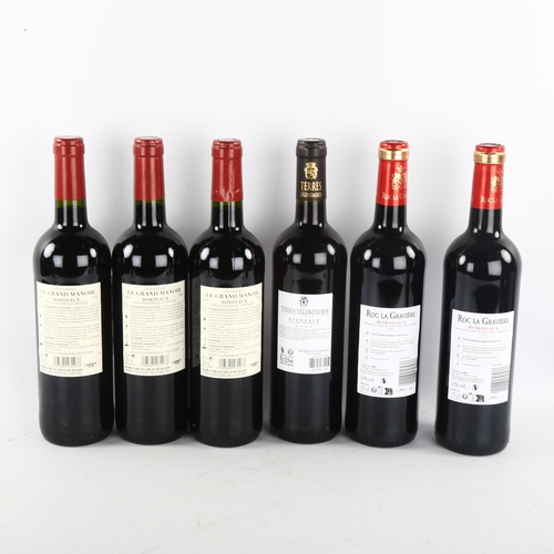 326 - 6 bottles of red Bordeaux wine, 3x Le Grand Manoir 2020, 2 x Roc La Graviere 2021, 1 Terres Legendai... 