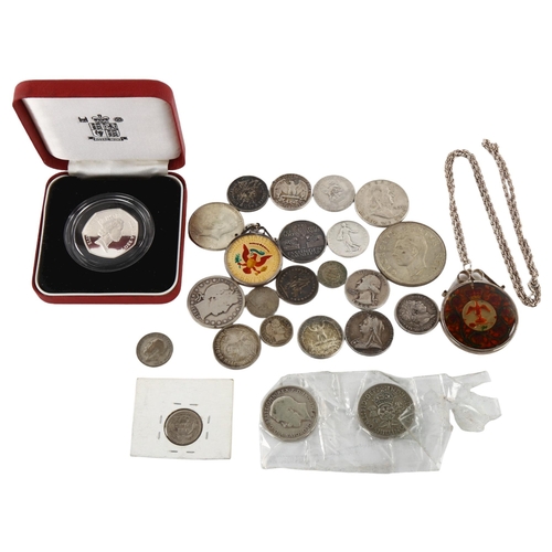 351 - A group of commemorative coins, enamelled silver crown, and other coins