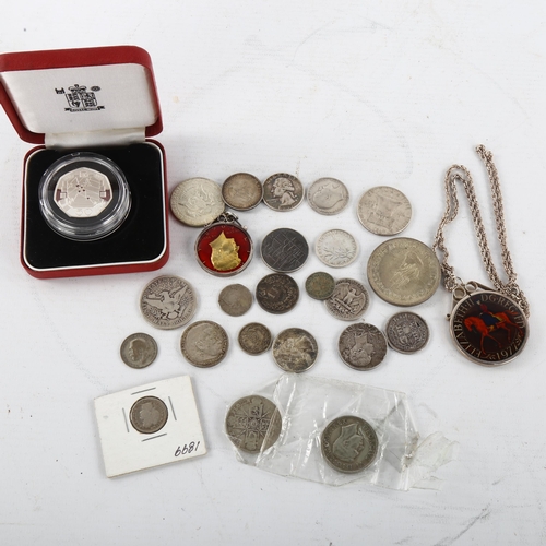 351 - A group of commemorative coins, enamelled silver crown, and other coins