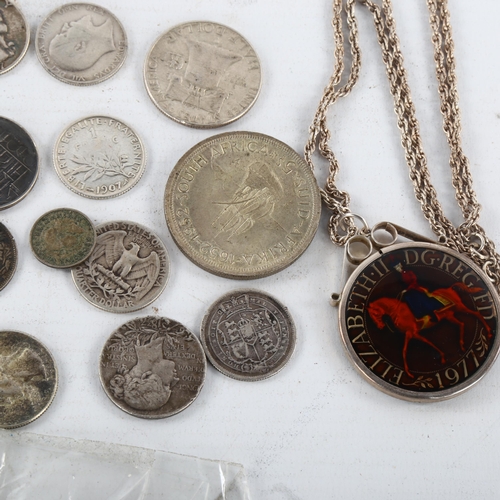 351 - A group of commemorative coins, enamelled silver crown, and other coins