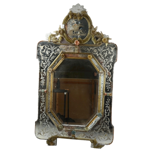 366 - A large ornate Venetian Murano glass wall mirror, with amber glass floral mounts and heraldic lion e... 