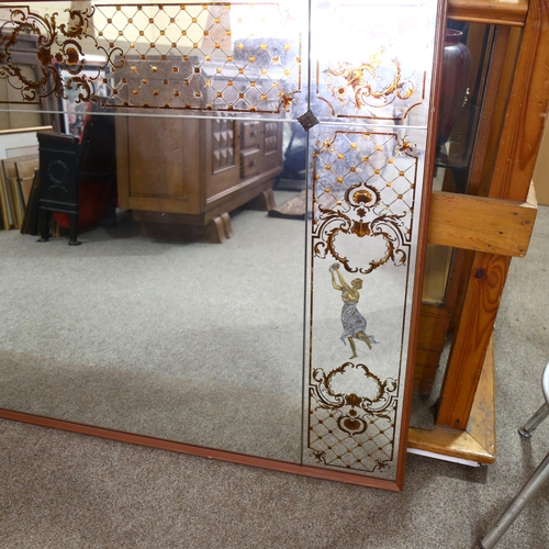 367 - A large decorative bistro wall mirror, with gilded Classical decoration, height 102cm, length 232cm ... 