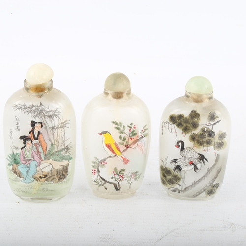 369 - 3 Chinese internally painted glass snuff bottle with jade stoppers, length 8.5cm