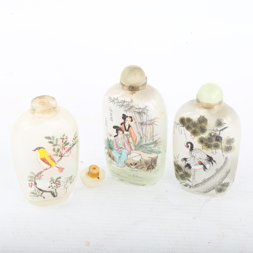 369 - 3 Chinese internally painted glass snuff bottle with jade stoppers, length 8.5cm