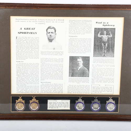 370 - A group of 5 enamelled weight lifting prize medallions, awarded to Harold Wood, Heavyweight Weight L... 