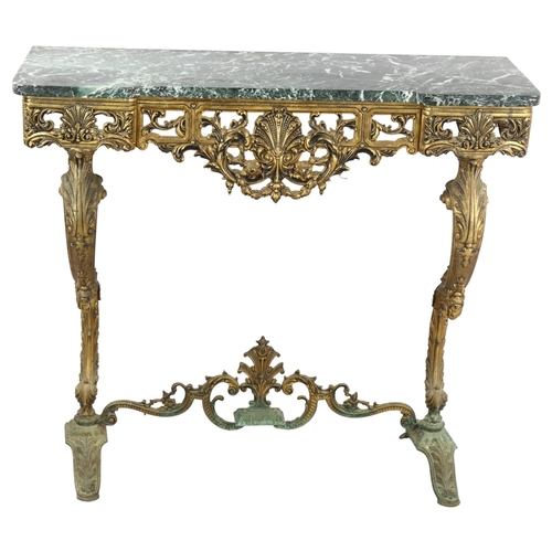 382 - A 20th Century French console table with green marble top and cast bronzed frame, height 83cm, width... 