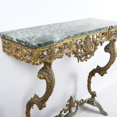 382 - A 20th Century French console table with green marble top and cast bronzed frame, height 83cm, width... 