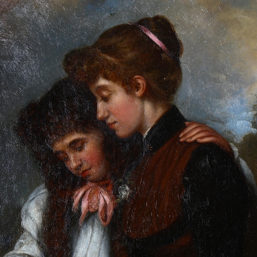 501 - 19th century oil on canvas, woman and child with a scrapbook, unsigned, 38cm x 31cm, unframed