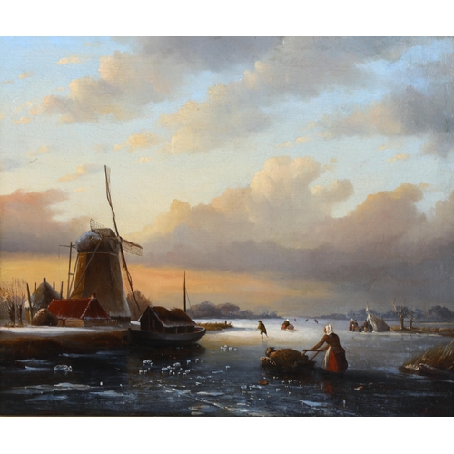 503 - Jacques Hubak (1826 - 1892), mid-19th century Dutch School, oil on canvas, frozen river landscape, s... 