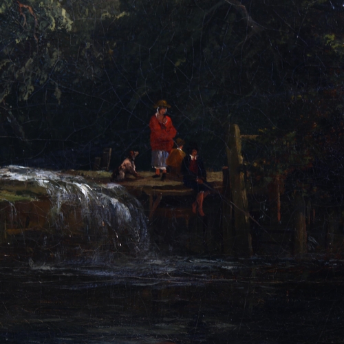 504 - Attributed to Edward Williams, mid-19th century oil on canvas, fishing in the mill pond, unsigned, 3... 