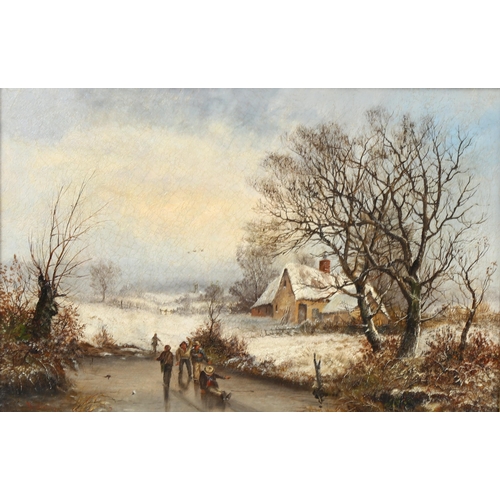 505 - 19th century Dutch School, oil on canvas, children playing on a frozen pond, indistinctly signed, 34... 