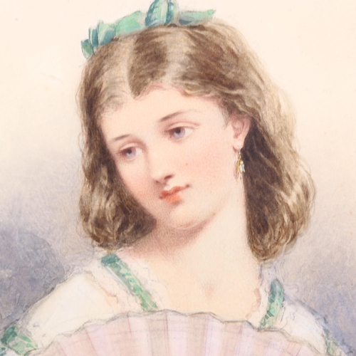 510 - Henry Hobson (flourished 1857 - 1866), watercolour, portrait of a girl with a fan, signed, 38cm x 29... 