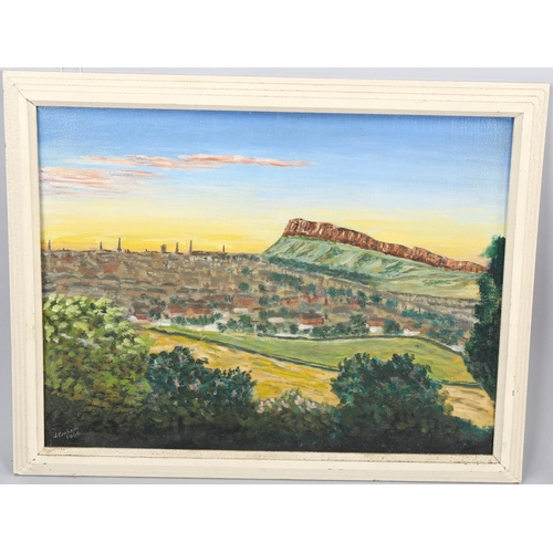 512 - John Graham May, oil on board, Edinburgh and Salisbury crags, signed and dated 1960, 40cm x 53cm, fr... 