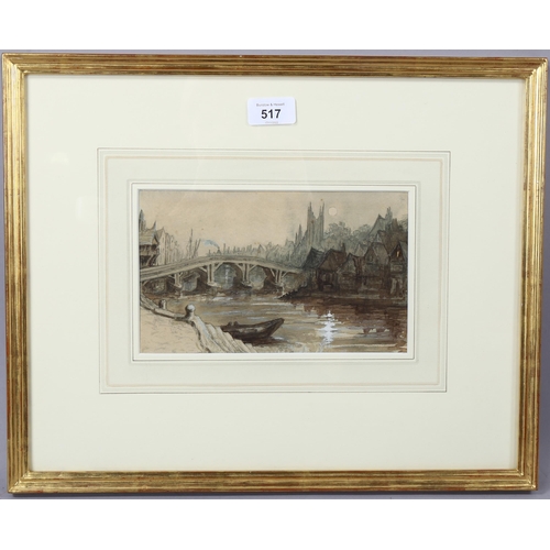 517 - 19th century watercolour, river scene Norwich, unsigned, 13cm x 21cm, framed