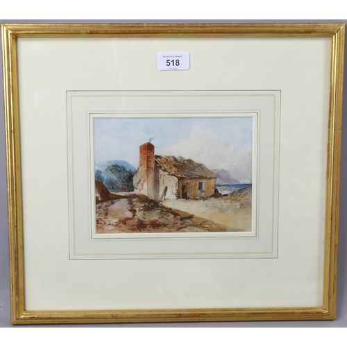 518 - 19th century watercolour, thatched cottage on the coast, unsigned, 14cm x 19cm, framed