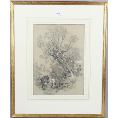 520 - 19th century charcoal/chalk drawing, cattle, unsigned, 37cm x 26cm, framed