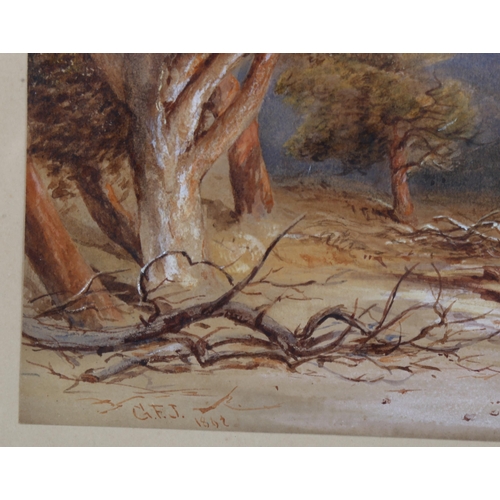 521 - Mid-19th century watercolour, Highland landscape, signed, with monogram GFJ, 1862, 27cm x 54cm, fram... 