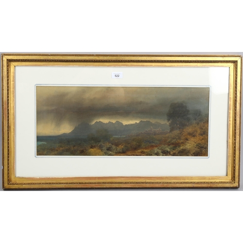 522 - Arthur Croft (1828 - 1902), watercolour, storm over Petrellas, 25cm x 61cm, framed