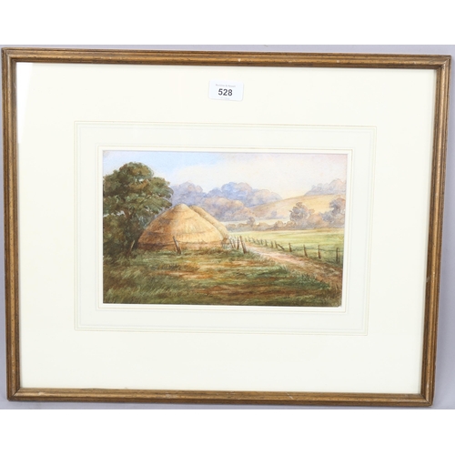 528 - 19th century watercolour, haystacks, unsigned, 17cm x 28cm, framed