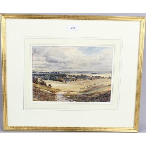 532 - F Hughes Richardson, watercolour, extensive landscape, 28cm x 20cm, framed