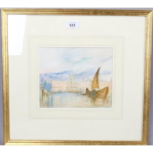 533 - After J M W Turner, 19th century watercolour, Venice, unsigned, 17cm x 21cm, framed