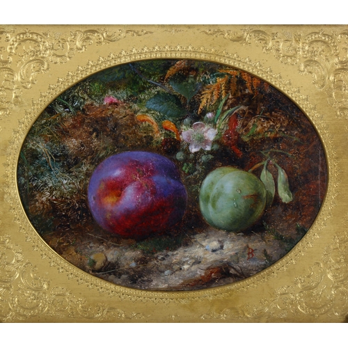536 - 19th century oil on board, still life study, plums, signed with monogram, 20cm x 15cm, framed
