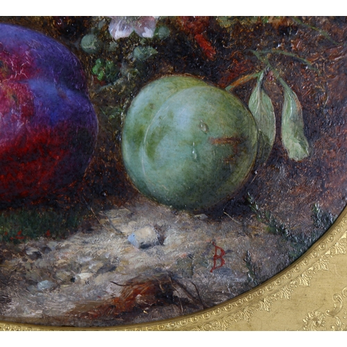 536 - 19th century oil on board, still life study, plums, signed with monogram, 20cm x 15cm, framed