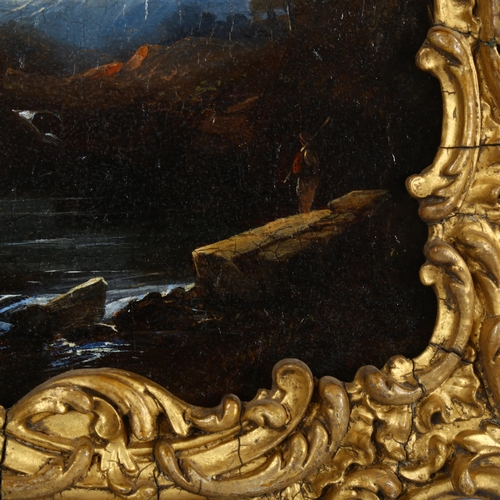 539 - 19th century oil on board, fishermen by moonlight, unsigned, ornate Rococo style gesso frame, overal... 
