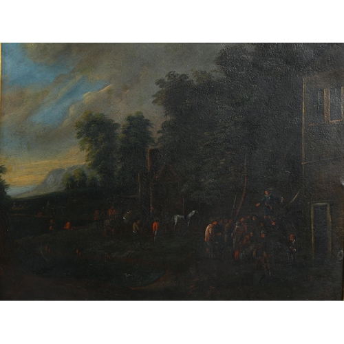 547 - Pair of 18th century oils on wood panels, figures outside a tavern, unsigned, 22cm x 30cm, framed