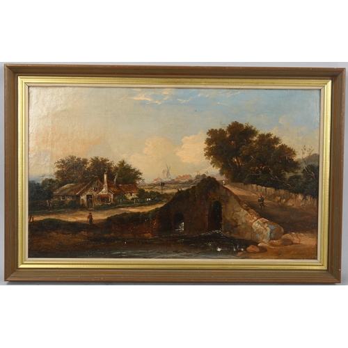 548 - 19th century oil on canvas, old stone bridge, unsigned, 30cm x 50cm, framed