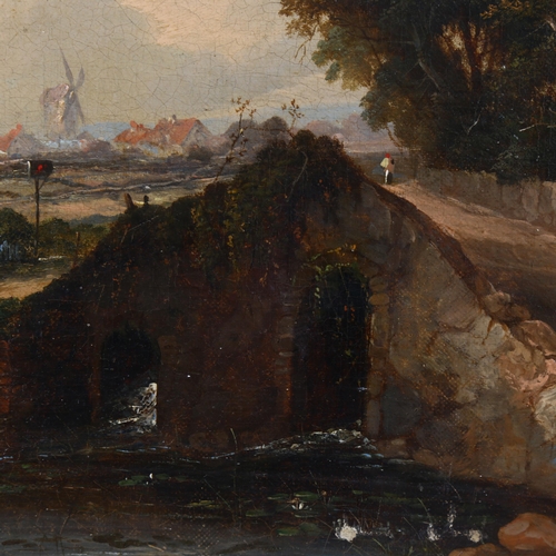 548 - 19th century oil on canvas, old stone bridge, unsigned, 30cm x 50cm, framed