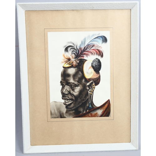 551 - J P Ludu, watercolour, African tribesman, 36cm x 25cm, framed