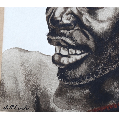 551 - J P Ludu, watercolour, African tribesman, 36cm x 25cm, framed