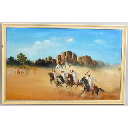 553 - Oil on canvas, Arab horsemen, 46cm x 73cm, framed