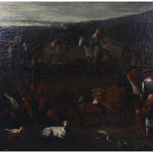 554 - 17th/18th century oil on canvas, large crowd gathering in a field, unsigned, 60cm x 81cm, unframed