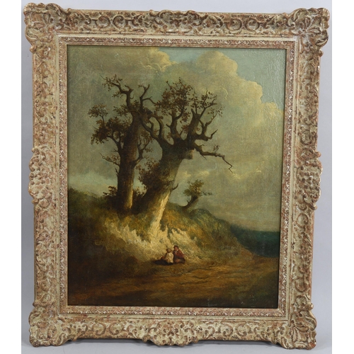 555 - 19th century oil on canvas, travellers resting by a tree, unsigned, 60cm x 48cm, framed