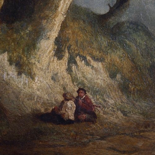 555 - 19th century oil on canvas, travellers resting by a tree, unsigned, 60cm x 48cm, framed