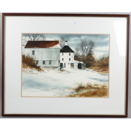 557 - Watercolour, Continental farm buildings under snow, indistinctly signed, 53cm x 74cm, framed