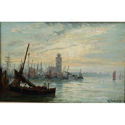 558 - Bernard Benedict Hemy (1845 - 1913), pair of oils on board, busy shipping scenes, signed, 16cm x 24c... 