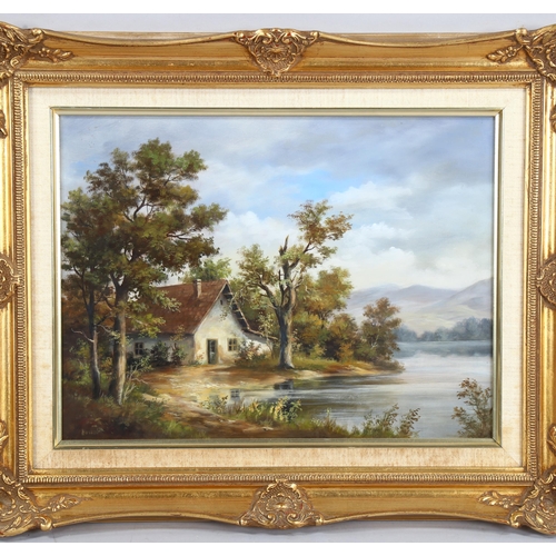 559 - Hosszu, contemporary oil on board, cottage by a lake, signed, 30cm x 40cm, framed