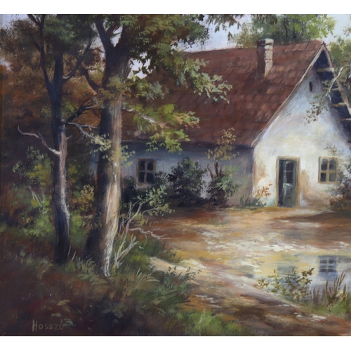 559 - Hosszu, contemporary oil on board, cottage by a lake, signed, 30cm x 40cm, framed