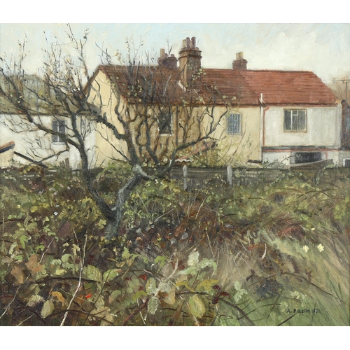 560 - Arthur Easton ROI, oil on canvas, overgrown gardens, signed and dated 1985, 35cm x 40cm, framed