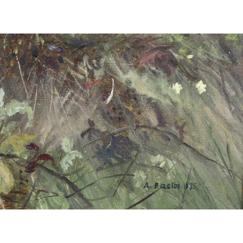 560 - Arthur Easton ROI, oil on canvas, overgrown gardens, signed and dated 1985, 35cm x 40cm, framed